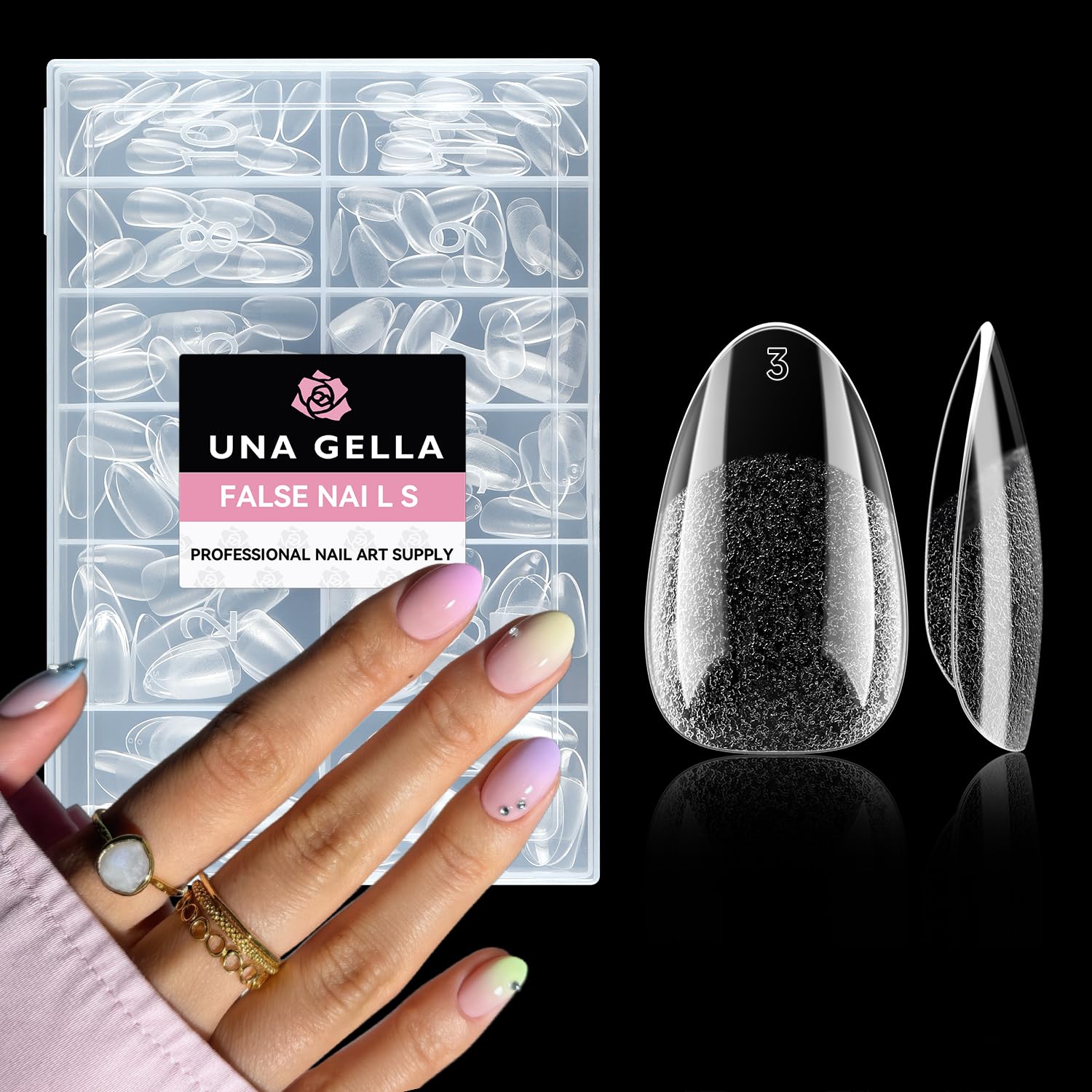 Uñas UNA GELLA almendra corta claras para una manicura rápida y natural.