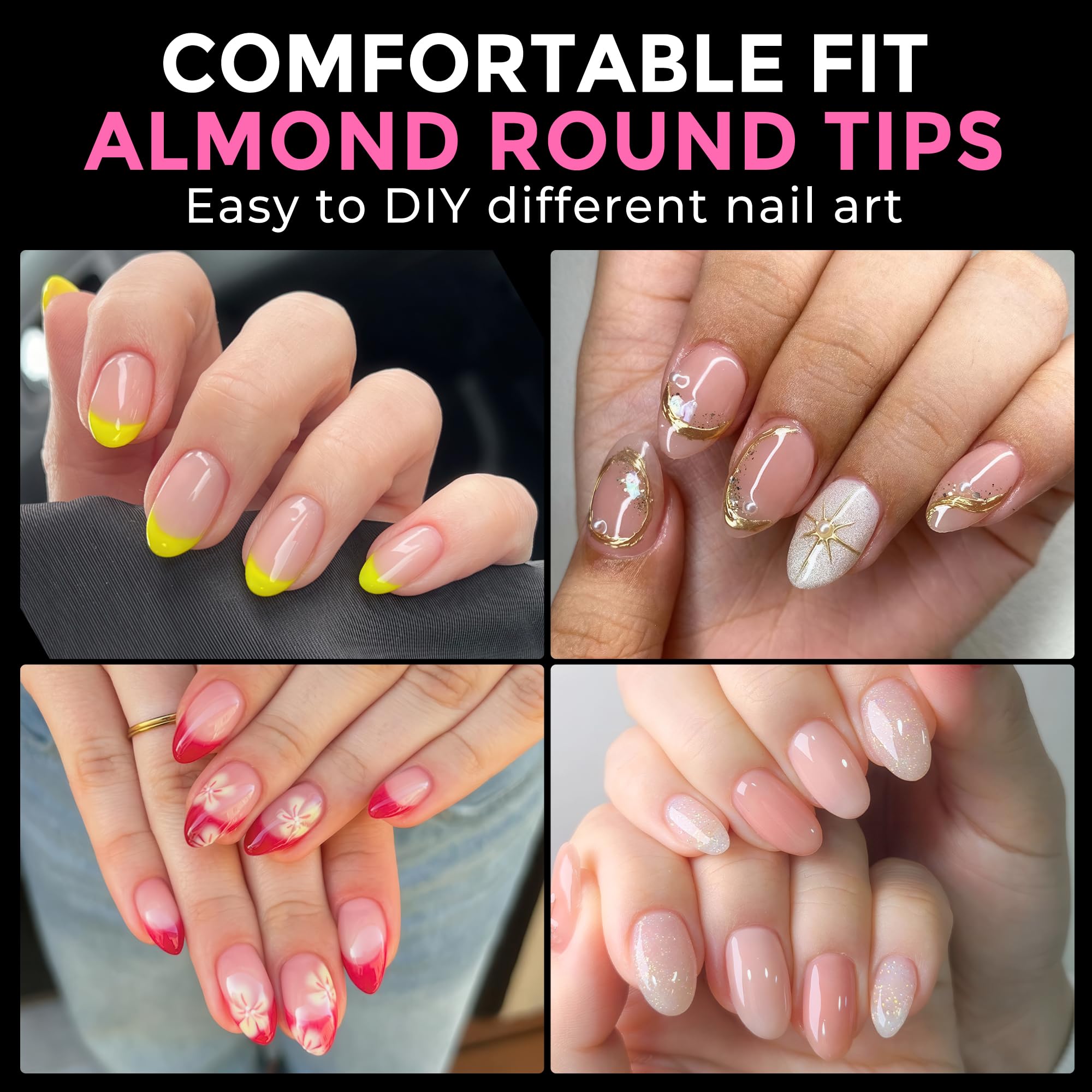 Uñas UNA GELLA en forma almendra ovaladas preforma para aplicación fácil.
