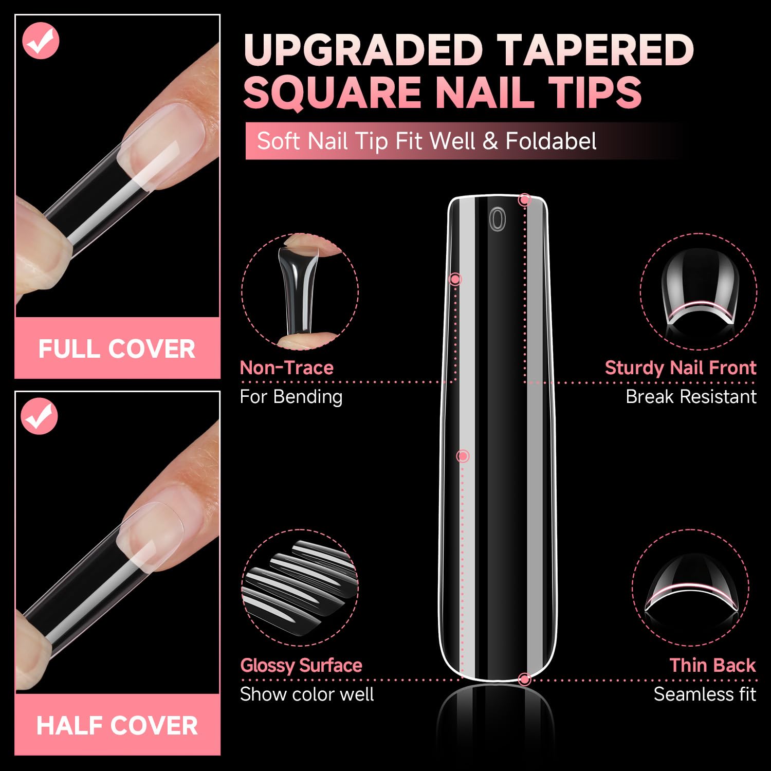 Uñas cuadradas XXL curvadas para un ajuste cómodo.