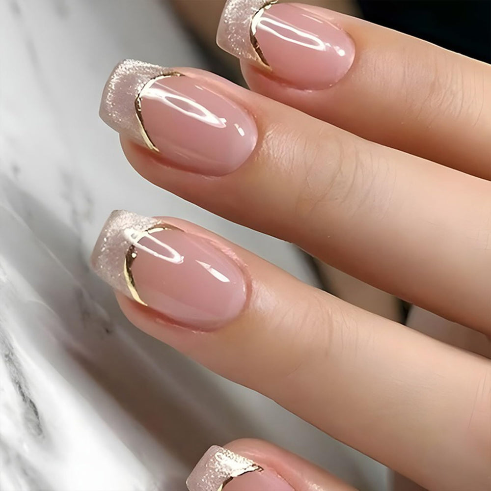 uñas postizas conjunto 24 puntas cuadradas frances brillos para manicura rapida