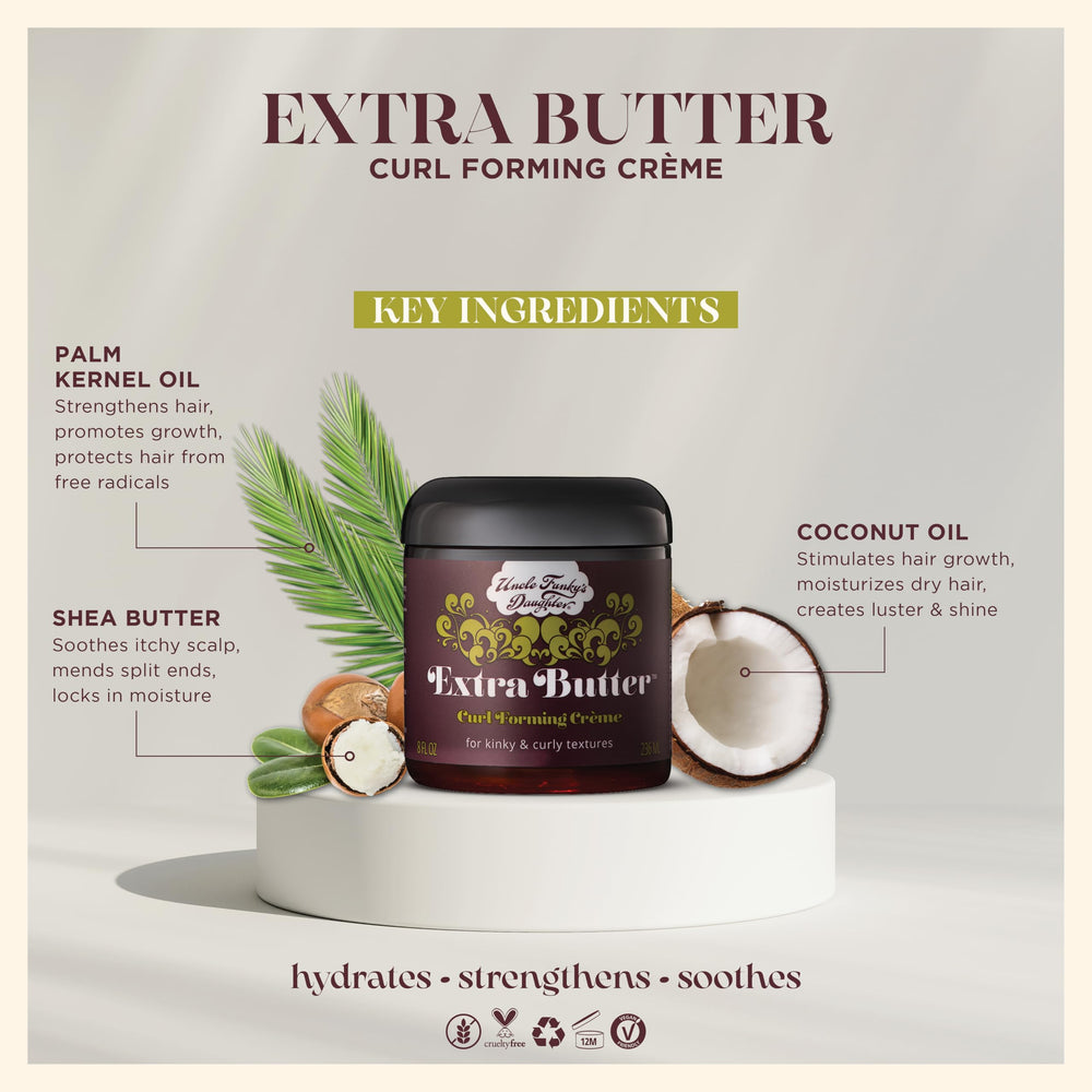Textura cremosa de la crema Extra Butter para rizos, suave al tacto.