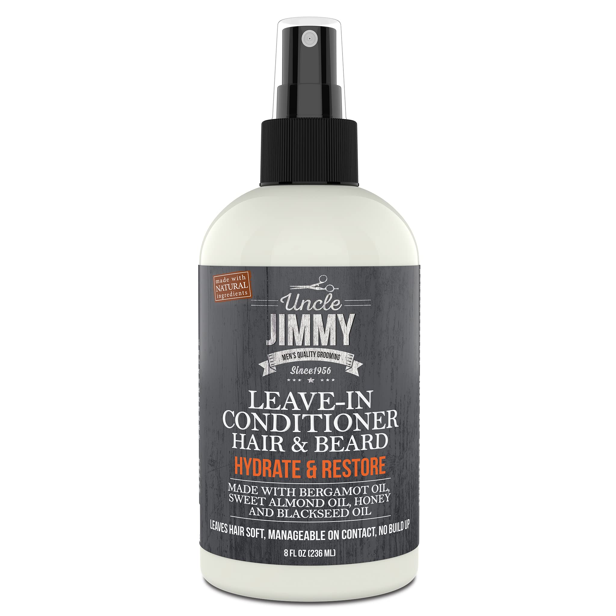 Uncle Jimmy Leave-In Conditioner bottle focuses on beard growth and grooming.