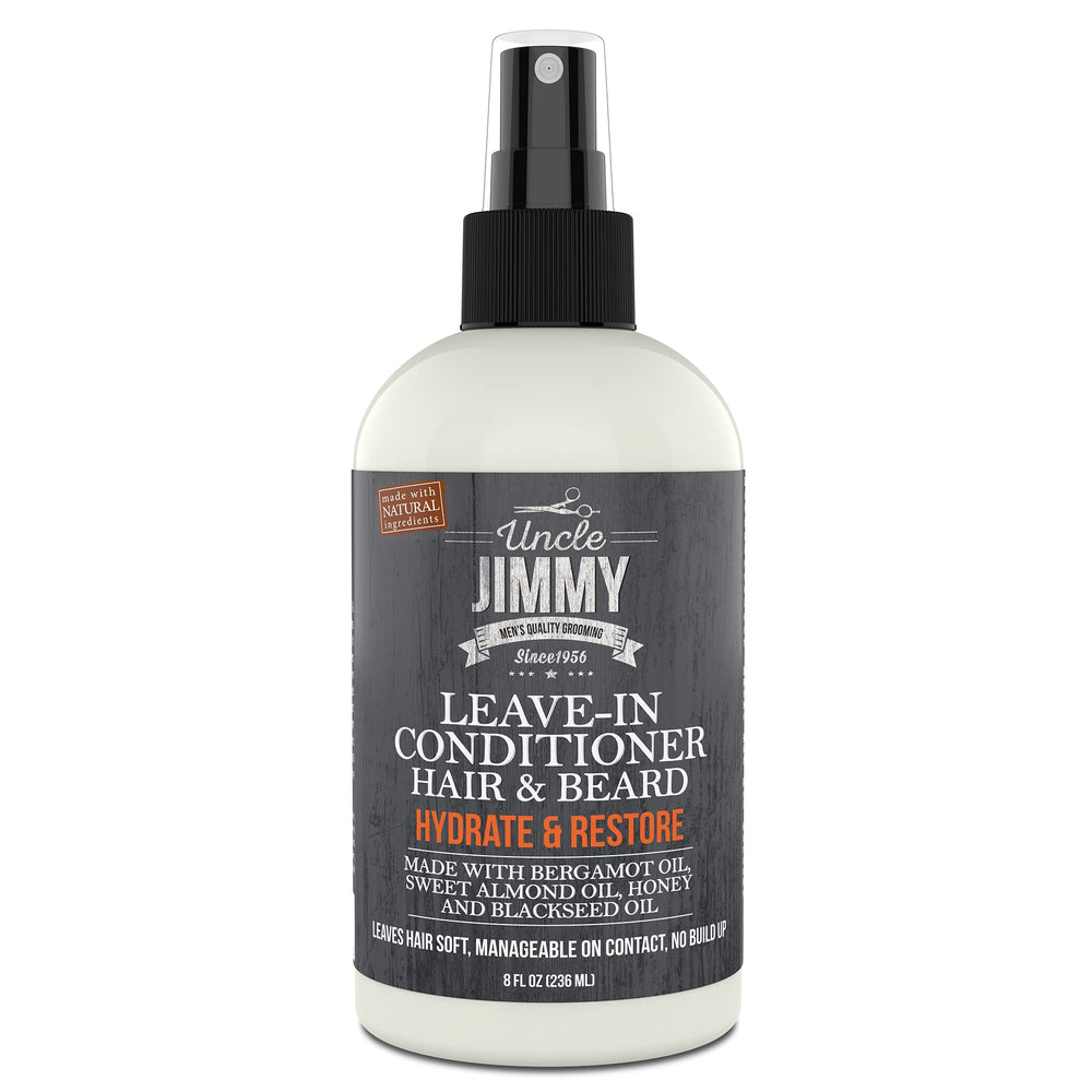 Uncle Jimmy Leave-In Conditioner bottle focuses on beard growth and grooming.