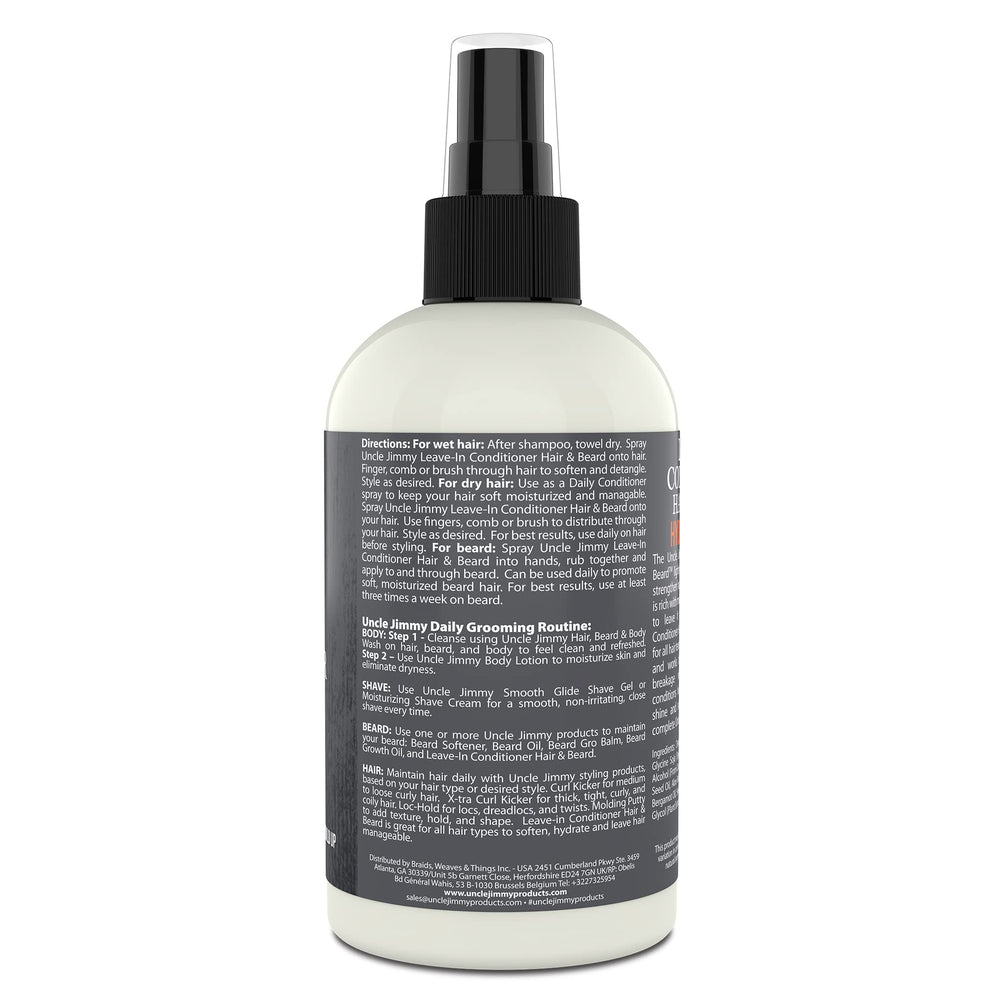 Uncle Jimmy Leave-In Conditioner showcases blackseed oil and honey for nourishment.