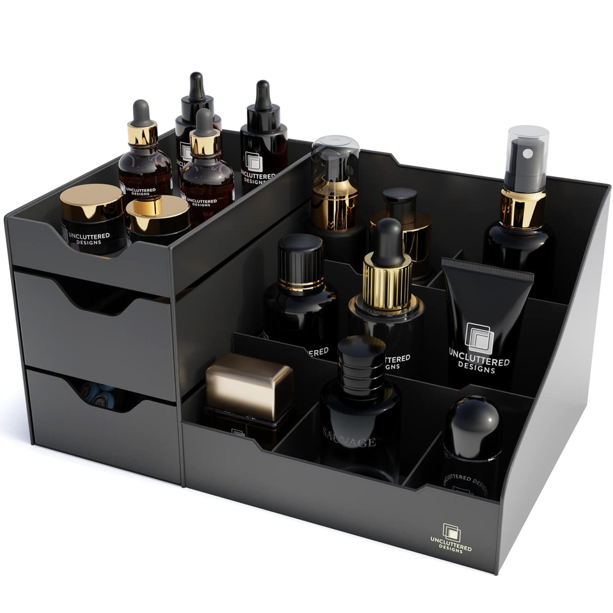Uncluttered Designs organiza vanidad grande con cajones, ideal para cosméticos diarios.