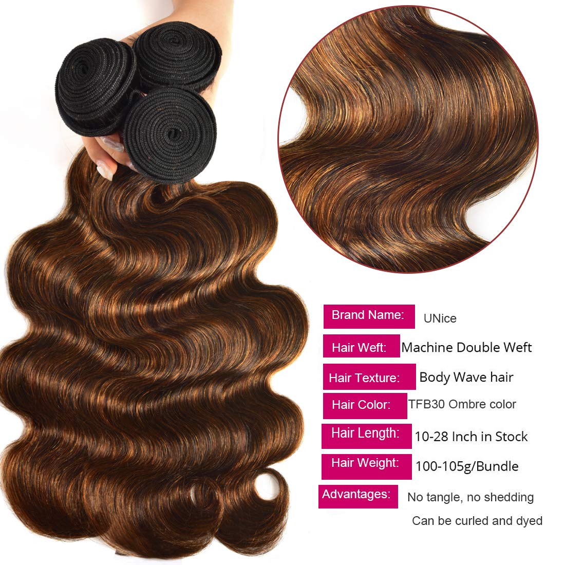 UNICE lotes de cabello de 100 g con costura doble para mayor durabilidad.