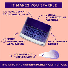 UNICORN SNOT brillo hologografico para cuerpo, perfecto para un toque de brillo duradero.