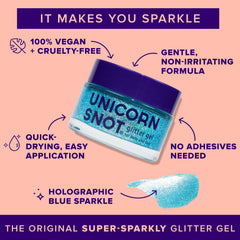 Unicorn Snot gel brillo azul para ojos con efecto holográfico suave.