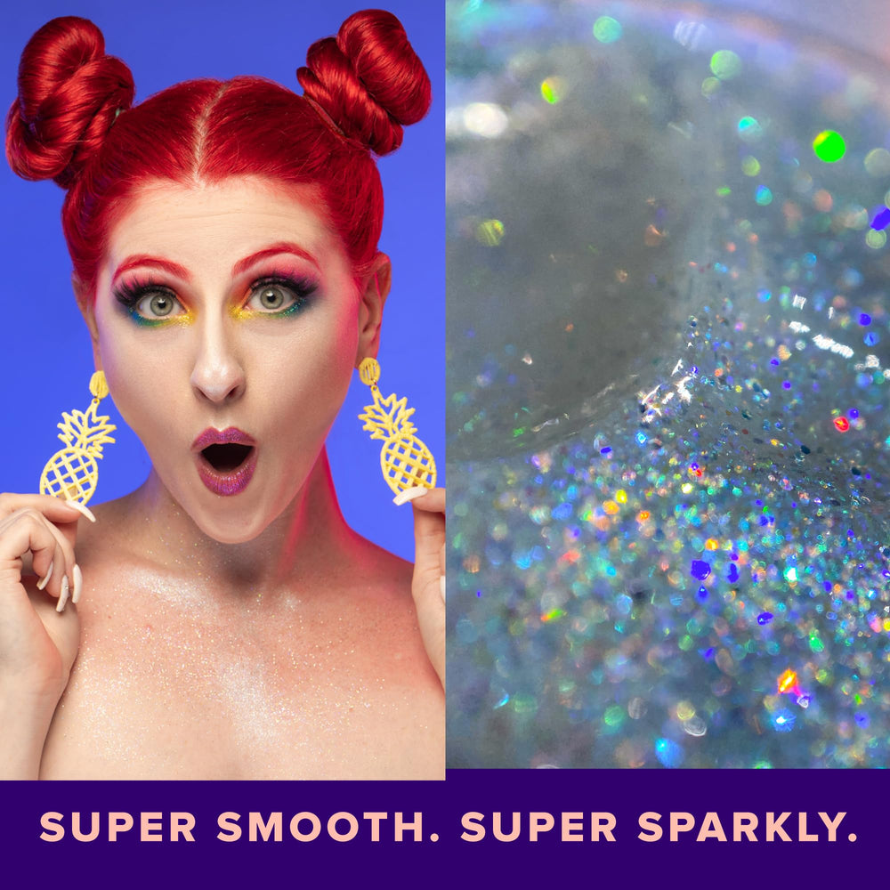 UNICORN SNOT gel purpurina hologografico en cabello, peinados brillantes