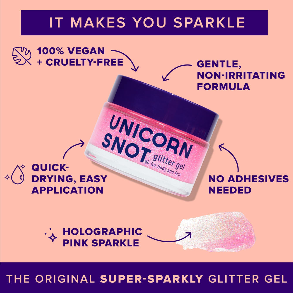 UNICORN SNOT purpurina rosa-flamingo para cuerpo, brilla bajo la luz y es fácil de retirar.