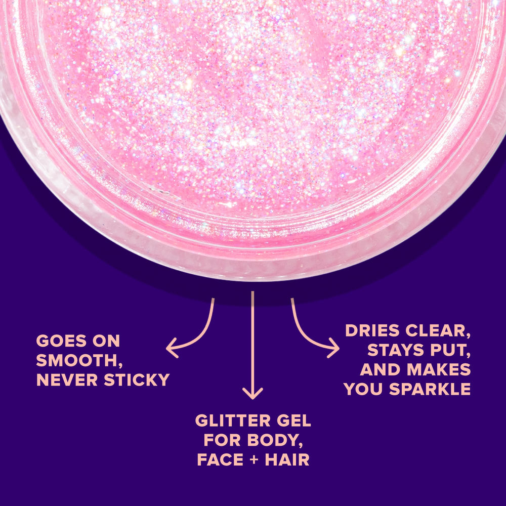 UNICORN SNOT gel purpurina rosa-flamingo para ojos, destellos sutiles y llamativos.