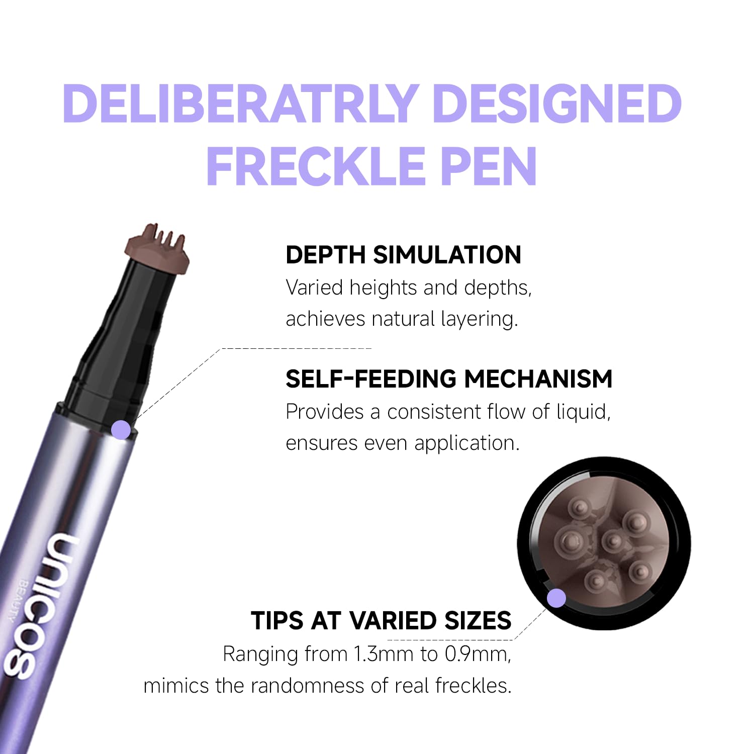 Unicos Freckle Stamp con punta precisa para controlar tamaño y distribución.