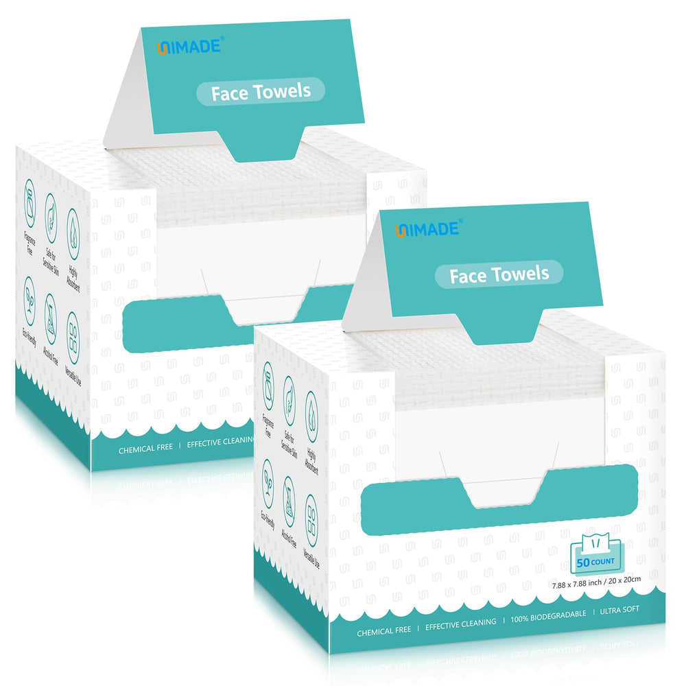 UNIMADE: toallitas faciales desechables, empaque frontal, higiene diaria para piel sensible.