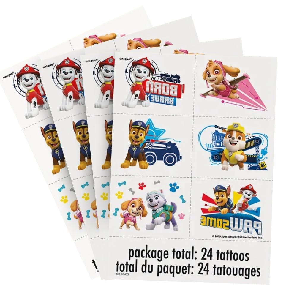 Unique Paw Patrol: tatuajes temporales, paquete 24, diseños divertidos para fiestas