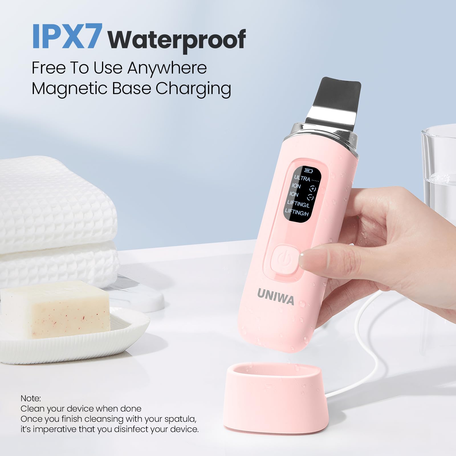 UNIWA Skin Scrubber modo Ion- para mayor absorción de productos.