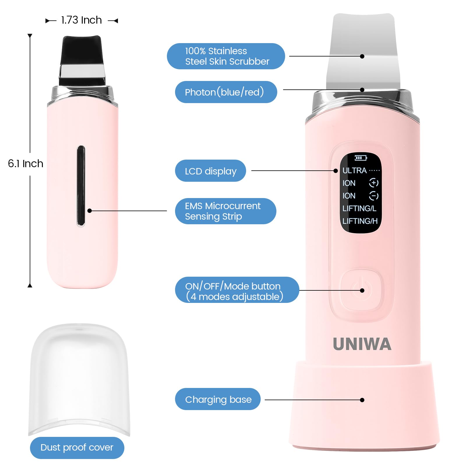 UNIWA Skin Scrubber pantalla LED para controlar modo y batería.