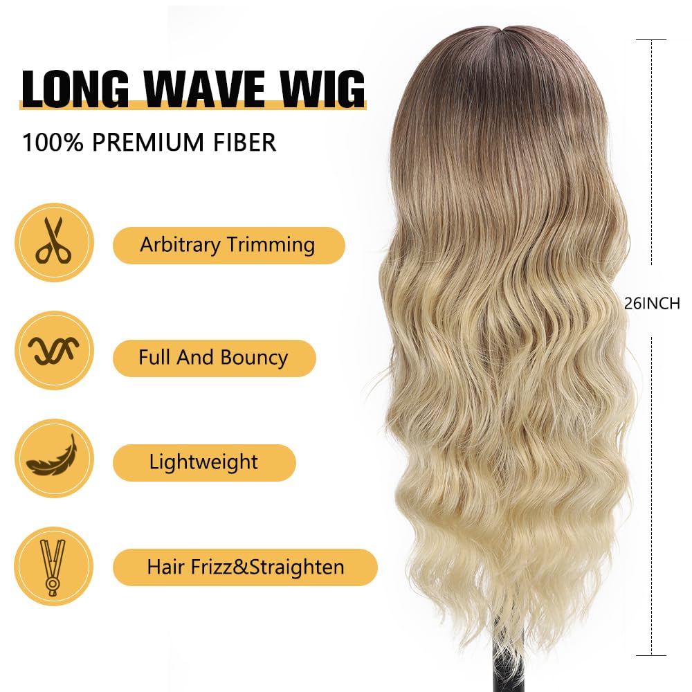UNNYMGER peluca ondulada rubio con raíz marrón, ideal para cambios de look.