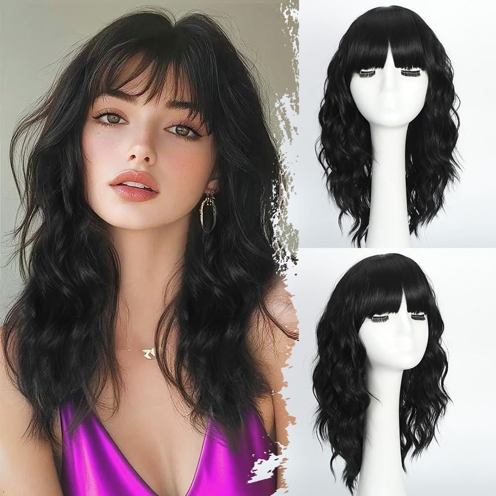 UNNYMGER peluca negra con franja corto-rizado, ideal para look diario y cosplay.