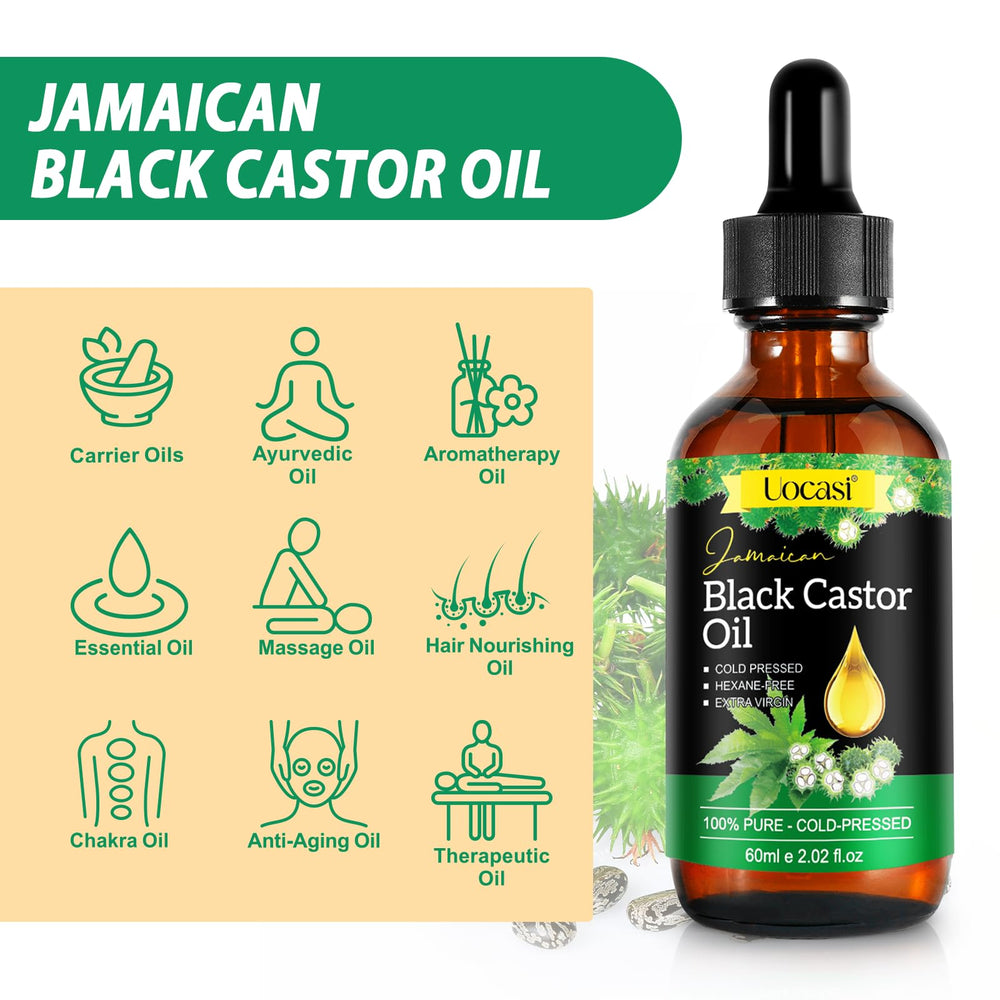 Uocasi Aceite de Ricino Negro Jamaicano, piel nutrida y aspecto radiante.