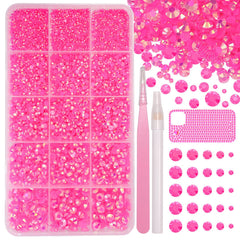 Uotey brillantes de resina rosa caliente en caja, ideal para proyectos de manualidades.