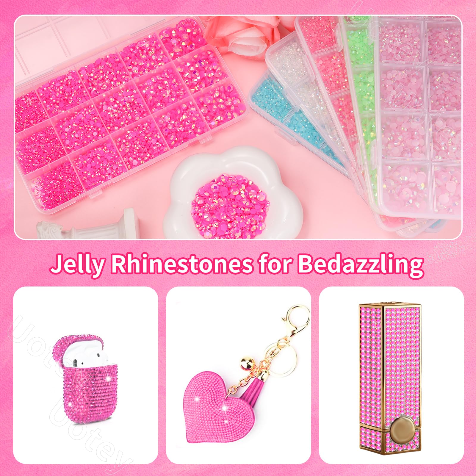 Usos versátiles de Uotey para artes y manualidades con brillo rosa.