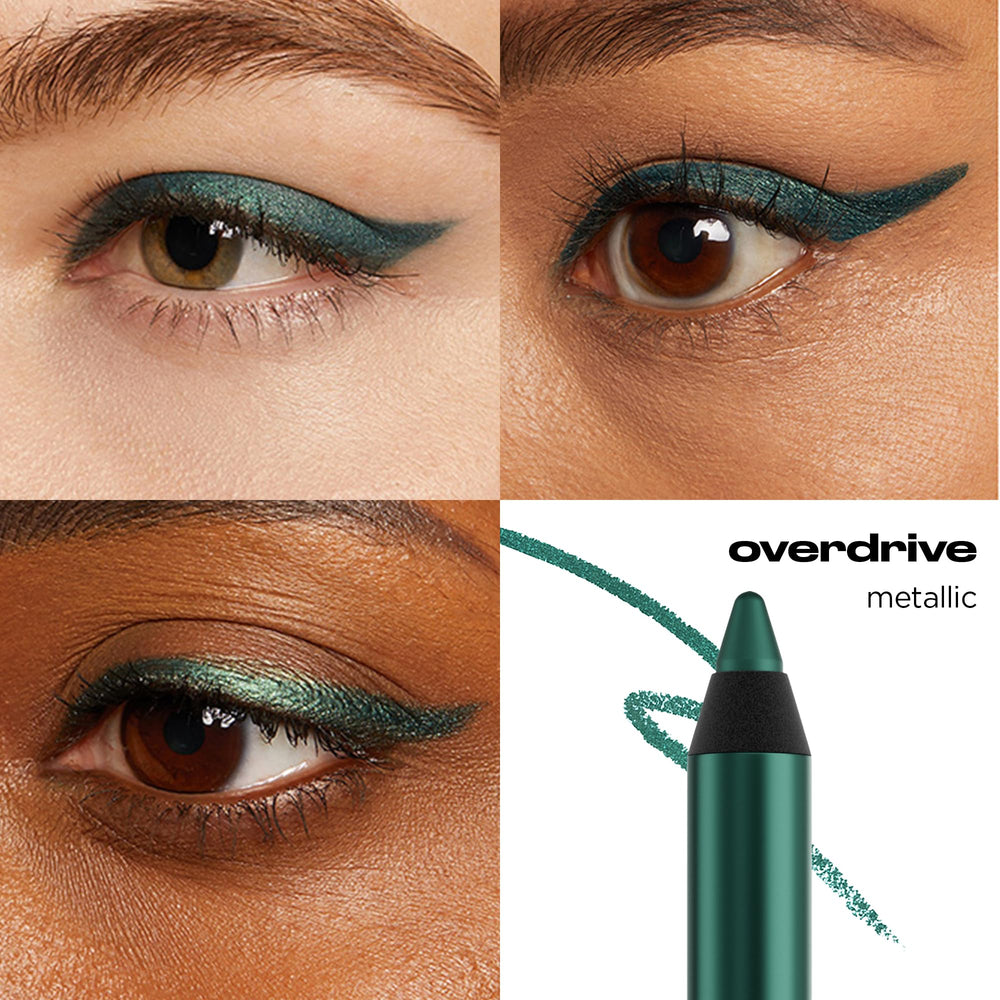 Urban Decay 24/7 Glide-On Overdrive deep green metallic pencil used as base for smoky depth.