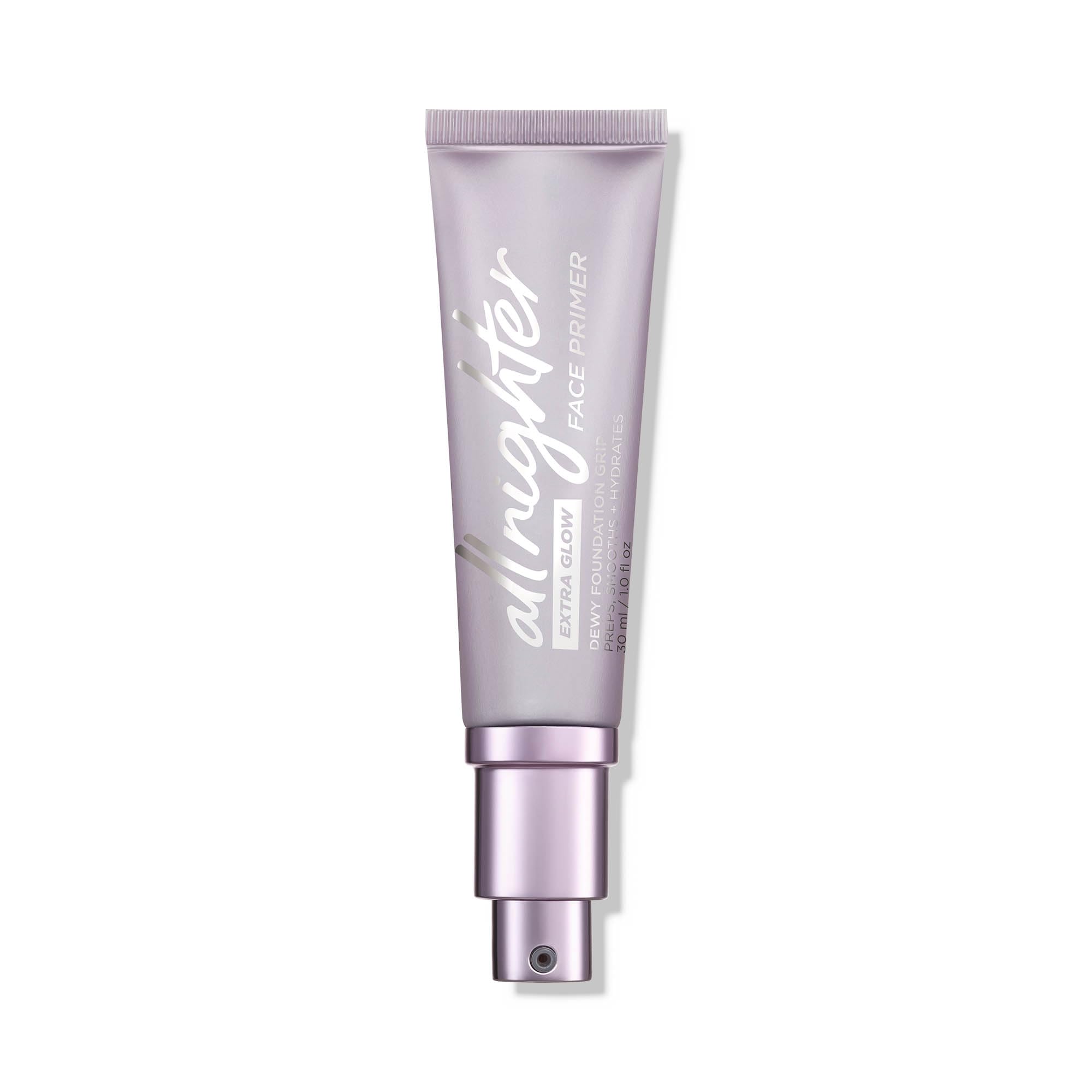 URBAN DECAY All Nighter Extra Glow Primer, botella translúcida, acabado luminoso y ligero para piel hidratada.