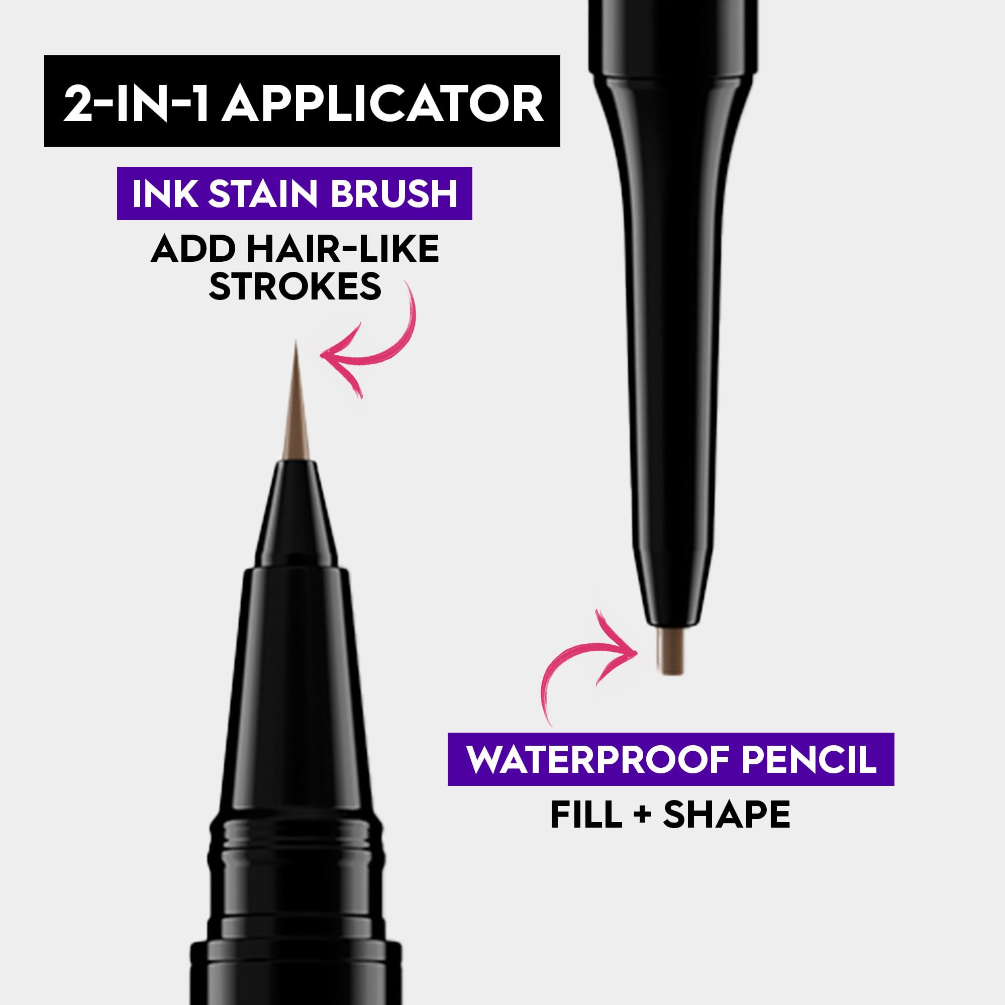 Double-face: crayon et encre pour construire et fixer vos sourcils.