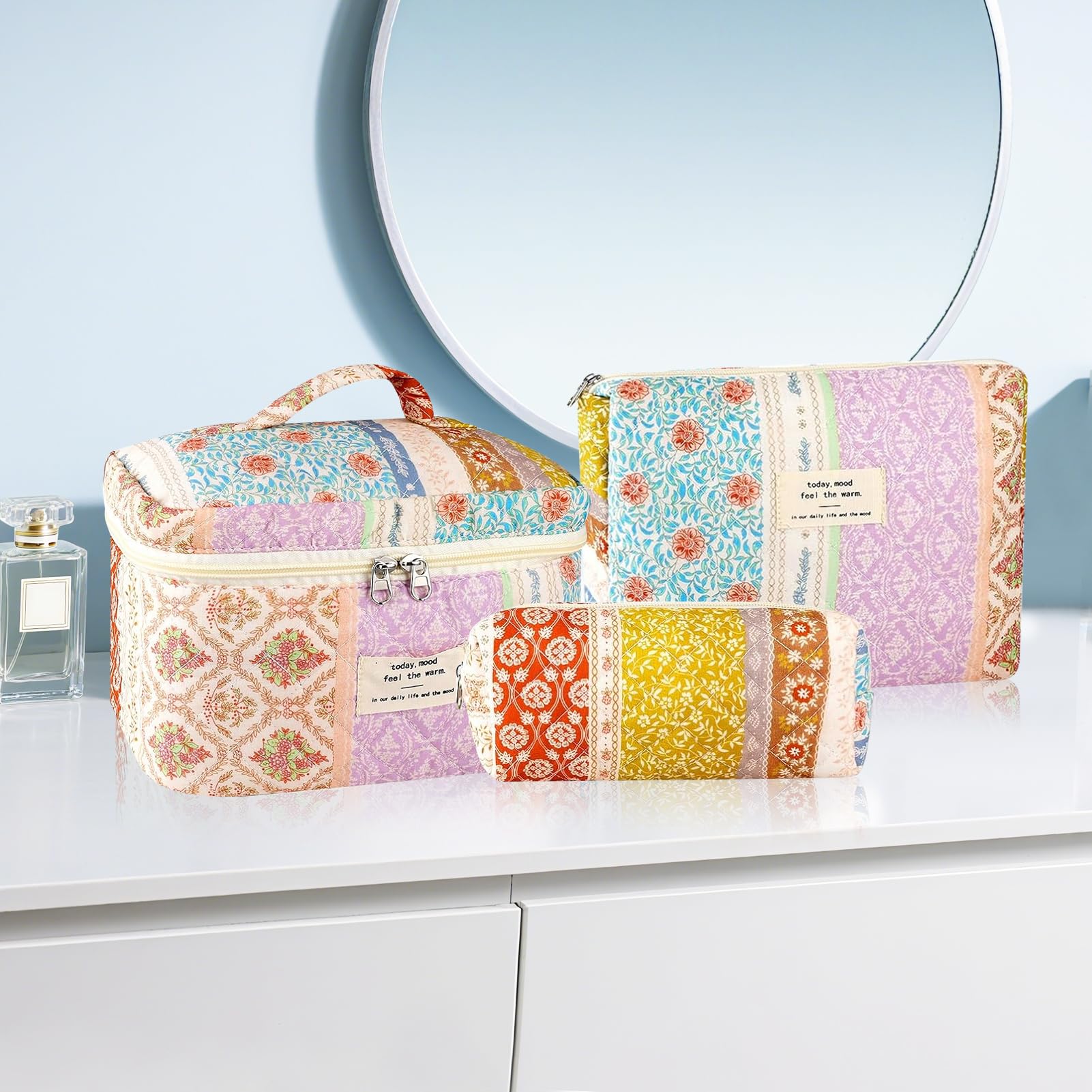 URSKYTOUS bolsa de aseo portátil algodón floral, ideal para viajes y organización.