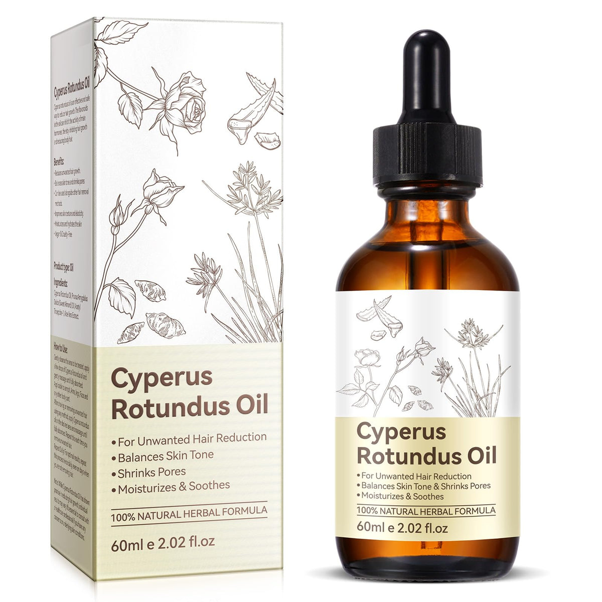 Uruses Cyperus Rotundus Oil bottle ready for natural hair reduction and skin hydration.
