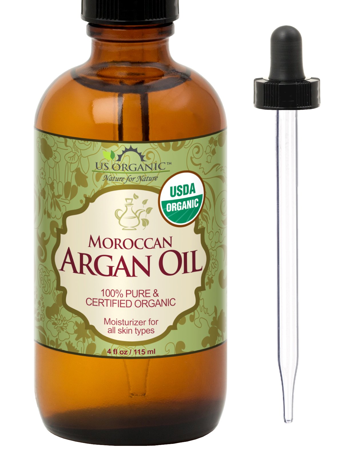 US Organic Aceite de Argán Marroquí en frasco ámbar para hidratación diaria.