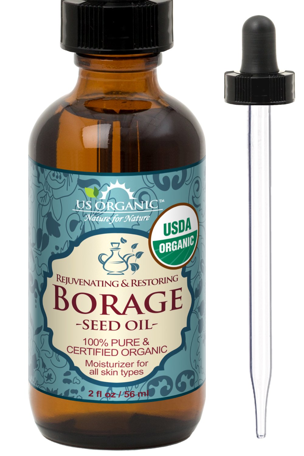 US Organic Aceite de Borago, botella ámbar con gotero para aplicación suave