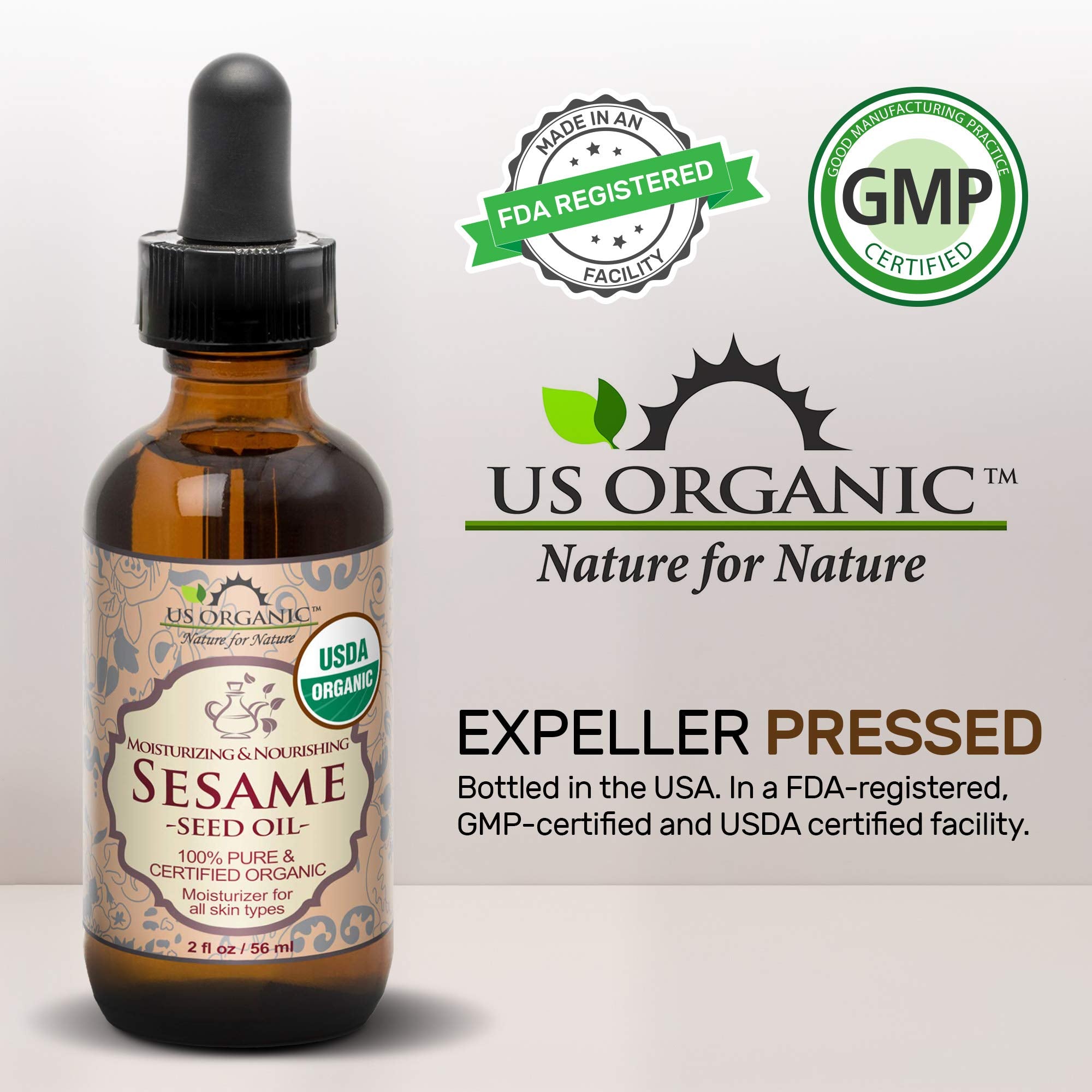US Organic Aceite de sésamo hidratante para piel, ideal en rituales diarios.