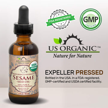 US Organic Aceite de sésamo hidratante para piel, ideal en rituales diarios.