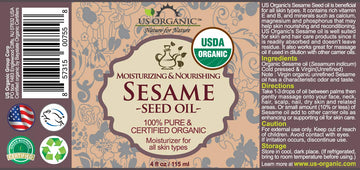 US Organic Aceite de sésamo prensado en frío, botella ámbar para cuidado de la piel.