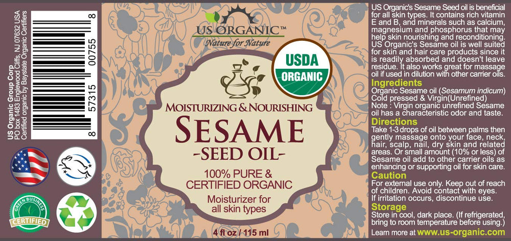 US Organic Aceite de sésamo prensado en frío, botella ámbar para cuidado de la piel.