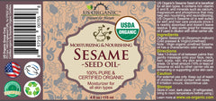 US Organic Aceite de sésamo prensado en frío, botella ámbar para cuidado de la piel.