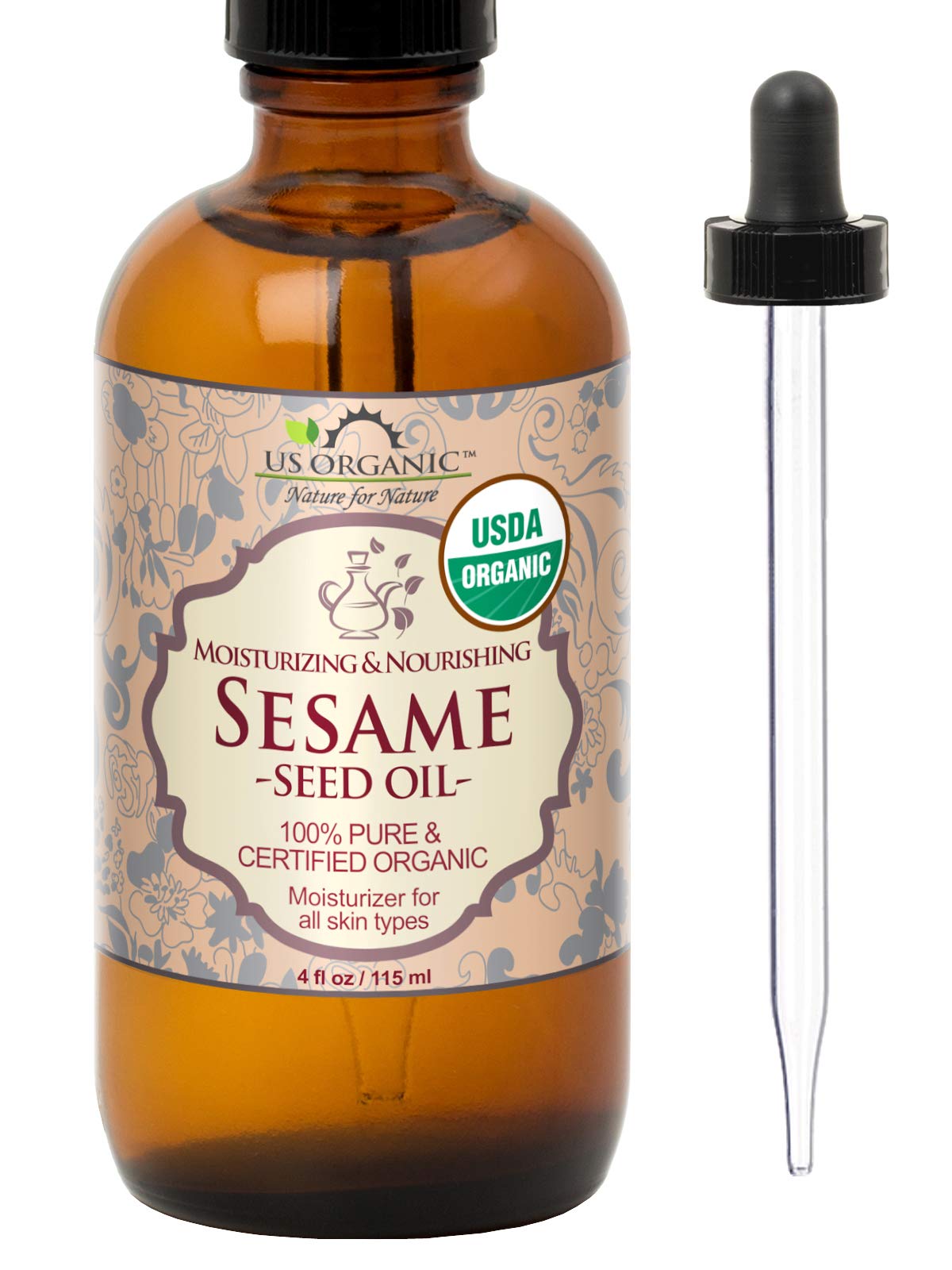 US Organic Aceite de sésamo sin tostar en botella ámbar con gotero, ideal para masaje suave.