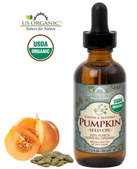 US Organic Aceite de Semilla de Calabaza, aroma a nuez y tono verde-oliva en botella