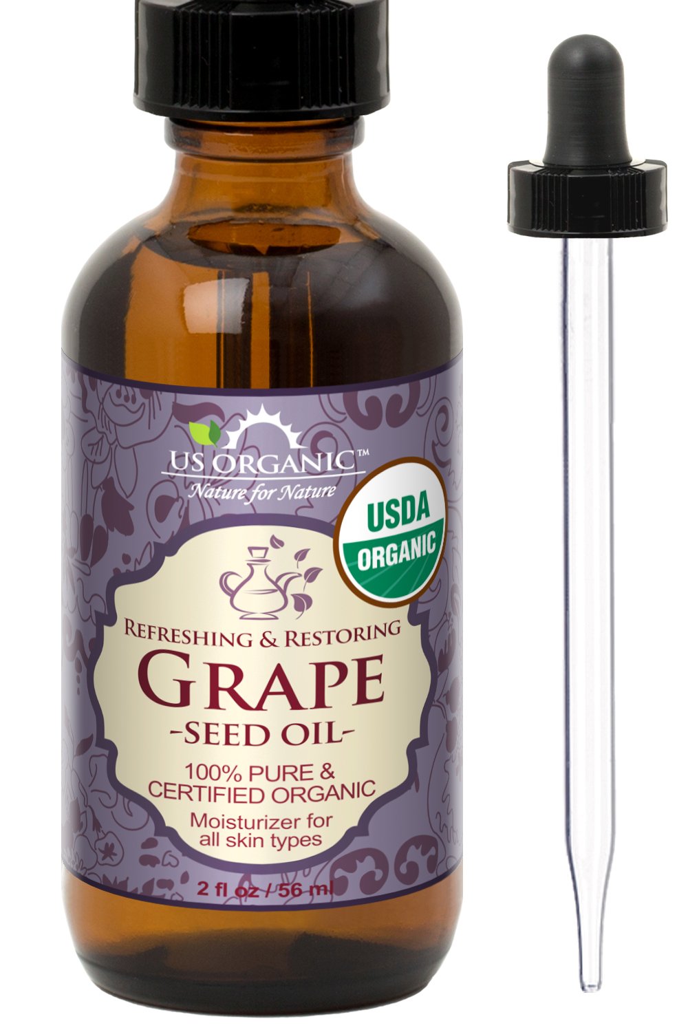 US Organic Aceite de Semilla de Uva en botella ámbar con gotero para uso diario