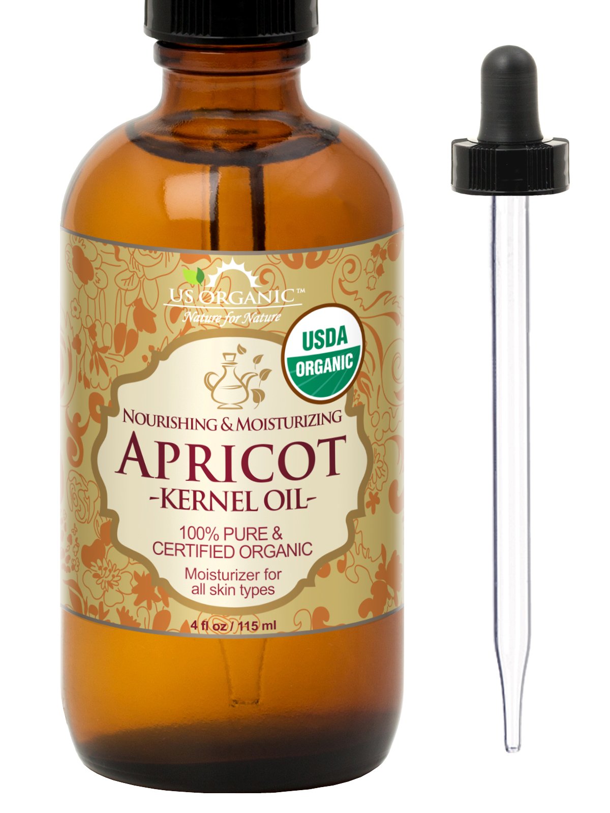 US Organic huile d'abricot en bouteille ambrée avec pipette pour une application douce