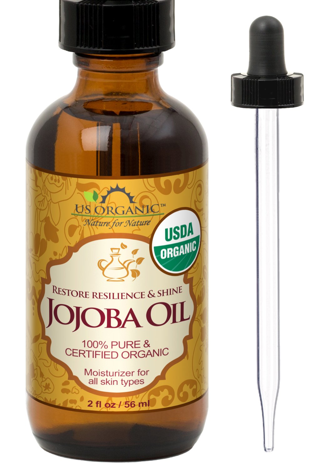 US Organic Jojoba Oil en bote, aceite frío prensado para piel suave