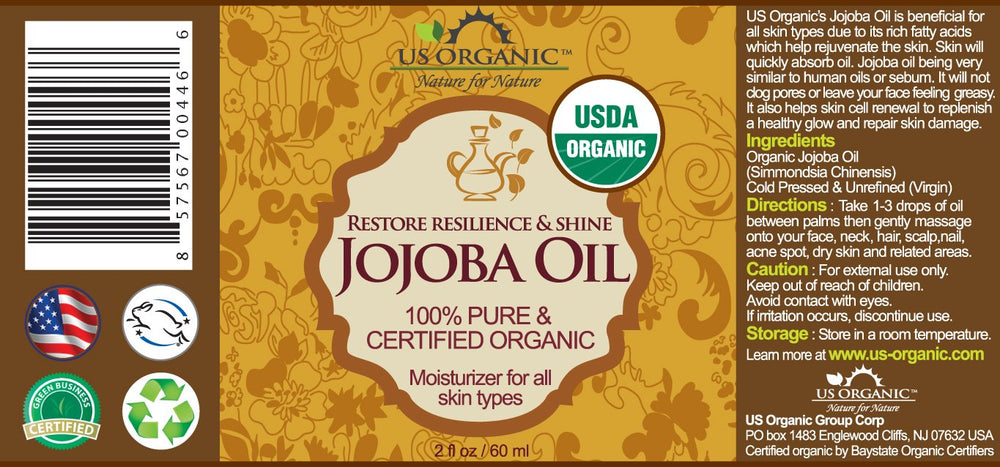 Etiqueta orgánica de US Organic Jojoba Oil con certificación USDA