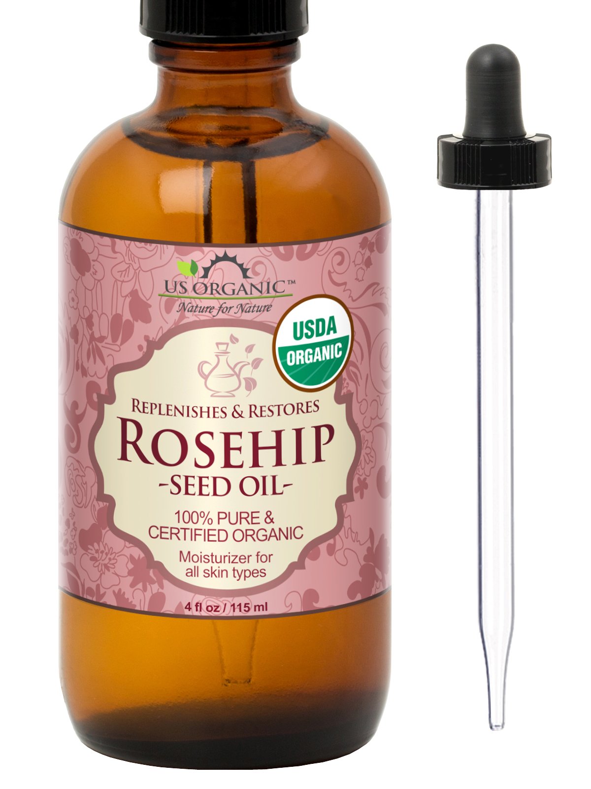 US Organic Aceite de Rosa Mosqueta en botella ámbar con gotero para aplicación suave.