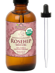 US Organic Aceite de Rosa Mosqueta en botella ámbar con gotero para aplicación suave.