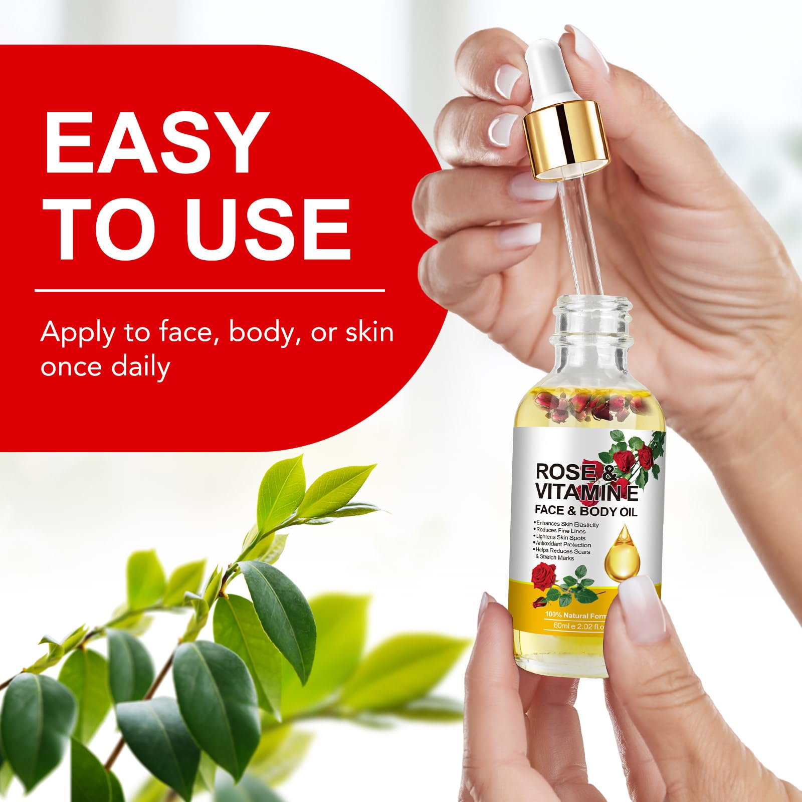 Uso facial y corporal con aceite Rosa Vitamina E para piel suave.