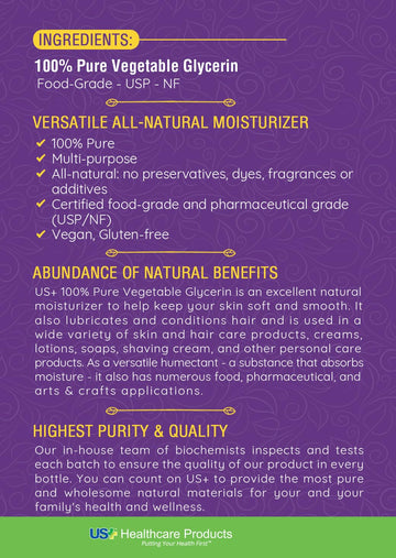 US+ 32oz glycerin uses scene suggesting skin, hair care and soap making possibilities