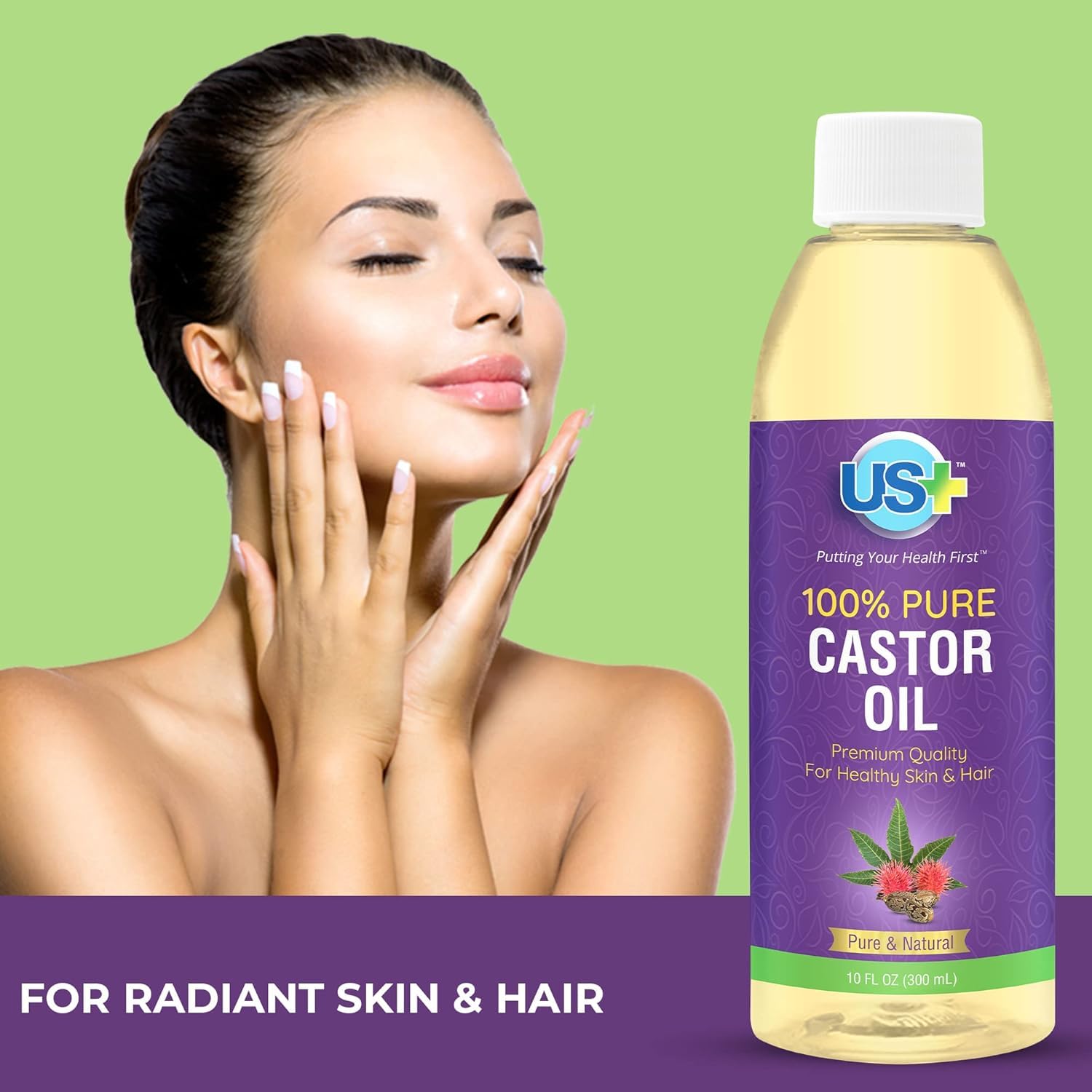 US+ Aceite de Ricino: etiqueta clara que destaca su composición