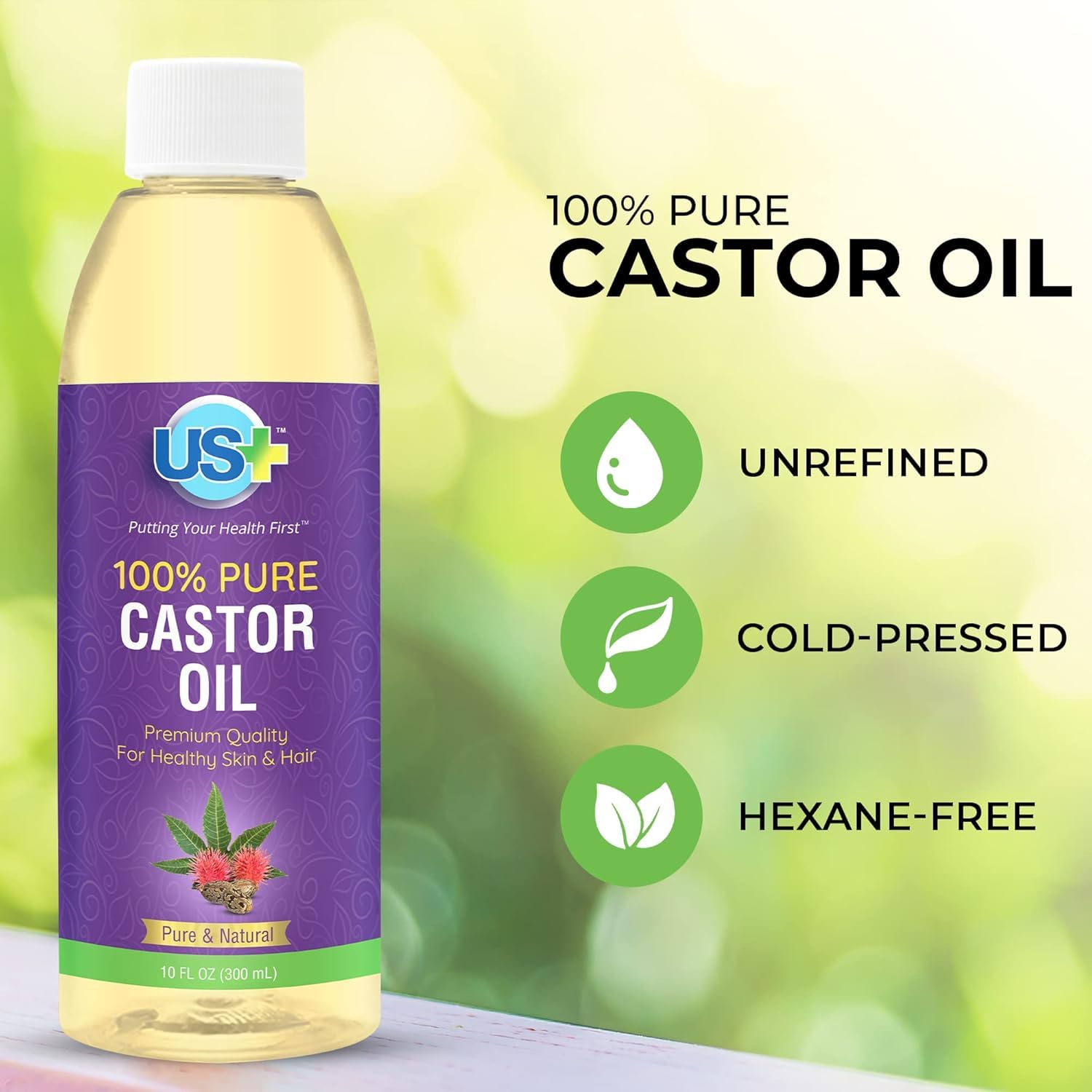 US+ Aceite de Ricino: vertido en la palma para rostro y pestañas