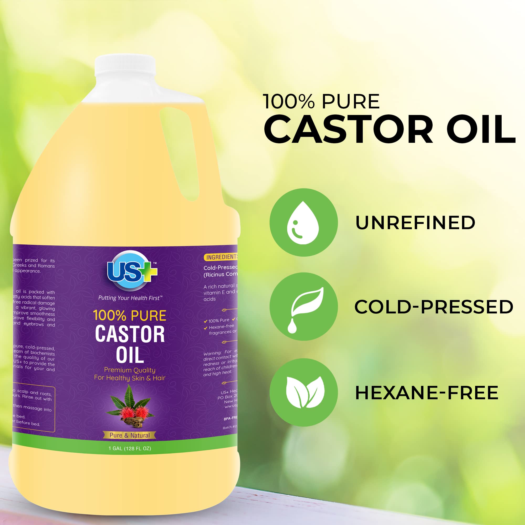 US+ Aceite de ricino puro sin refinar libre de hexano para uso diario.
